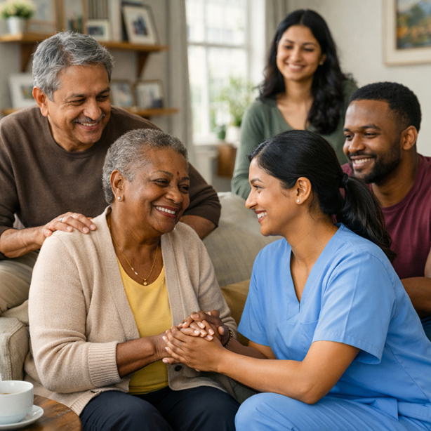 Caregiver speaking calmly with a senior at home in Toronto, creating a comfortable atmosphere