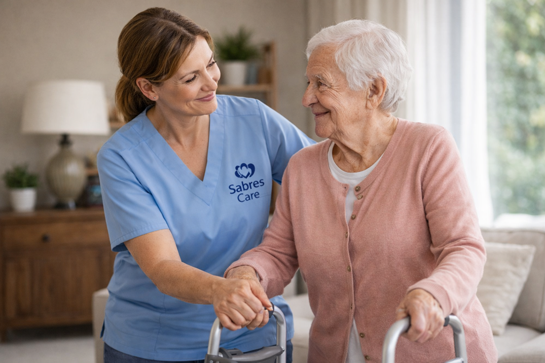 Caregiver assisting a senior with safe mobility at home