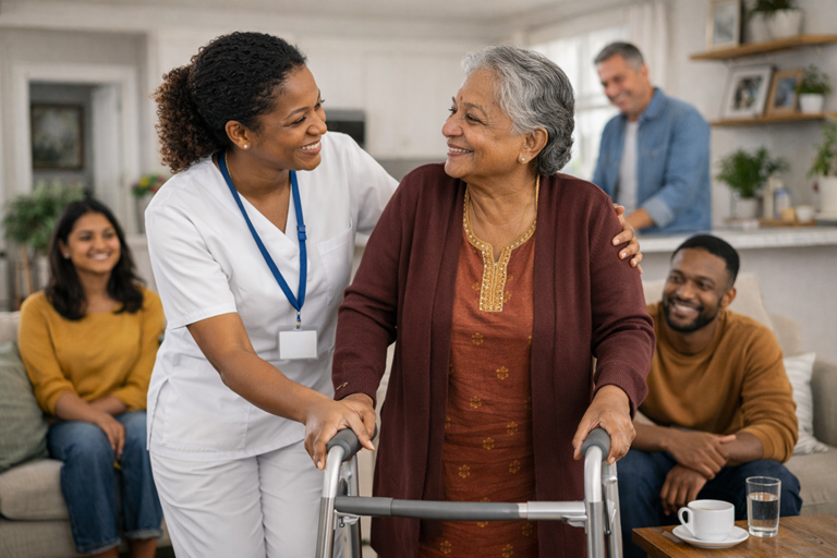 Caregiver providing supportive assistance and comfort to a person at home