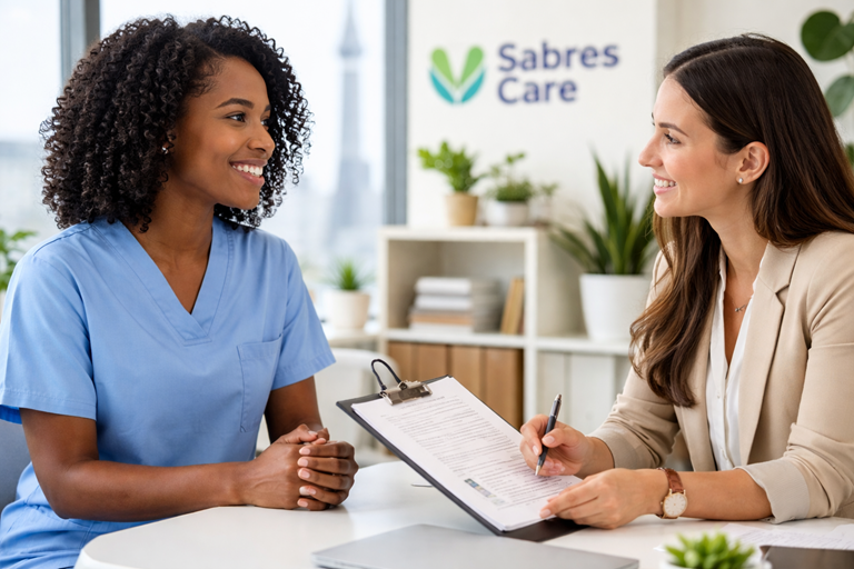 Caregiver and senior sharing a supportive moment at home in Toronto