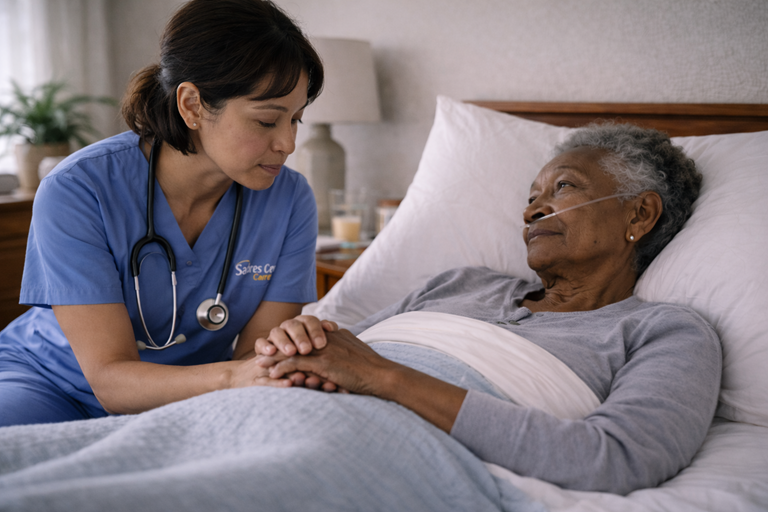 Caregiver supporting an older adult after hospital discharge at home