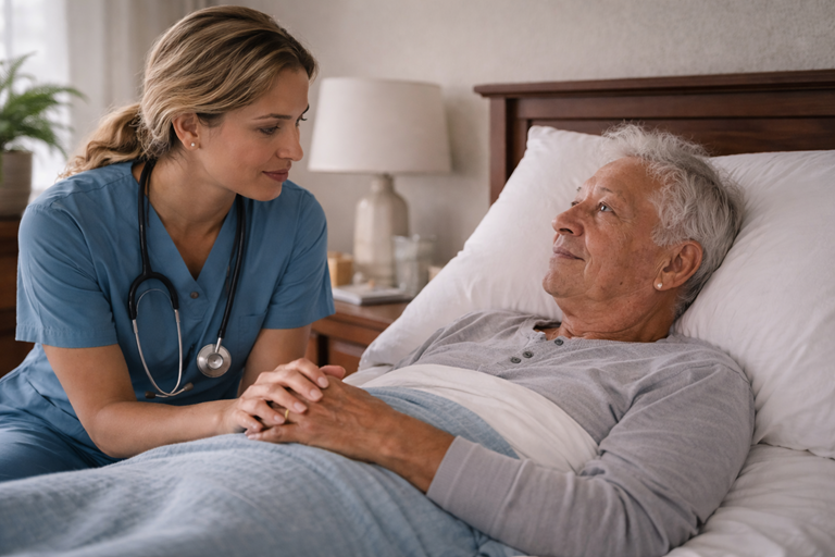 Caregiver spending a warm, supportive moment with a senior at home