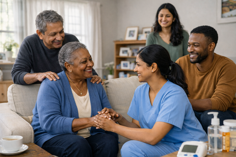 Caregiver supporting a senior with structured, high-needs in-home care