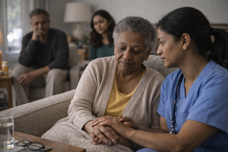 Professional caregiver assisting senior at home