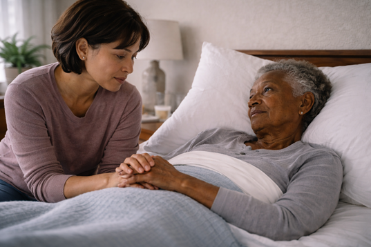 Caregiver supporting a senior with dementia through a calm routine at home