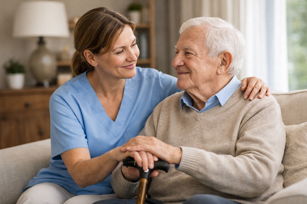 Caregiver sharing a calm moment with a senior at home