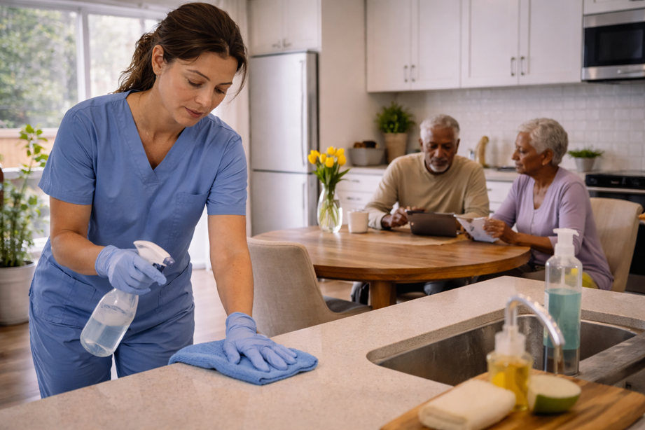 Caregiver assisting with light housekeeping to maintain a safe, tidy home