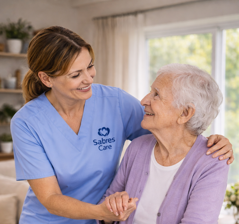 Caregiver supporting a senior in a calm home setting