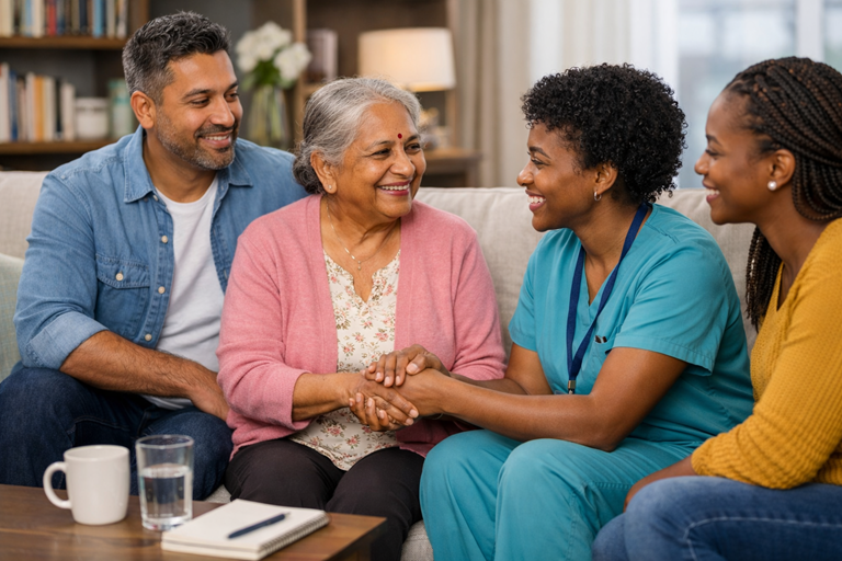 Professional caregiver supporting a senior at home in Toronto