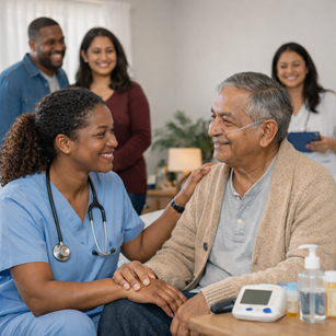 Calm bedroom scene at night with bedside lamp on