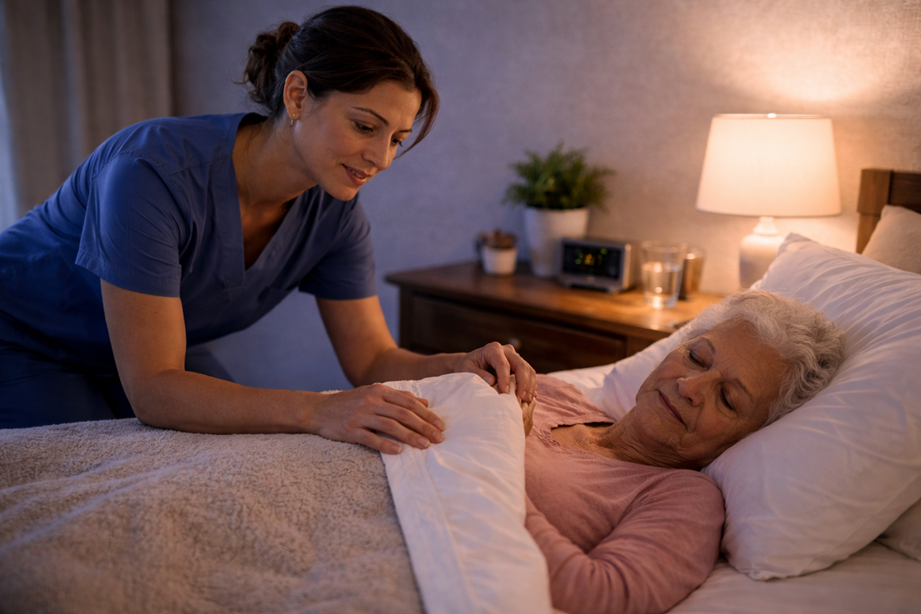 Caregiver offering gentle overnight support and safety checks at home