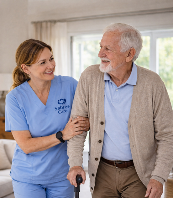 Caregiver assisting with safe walking and mobility support at home