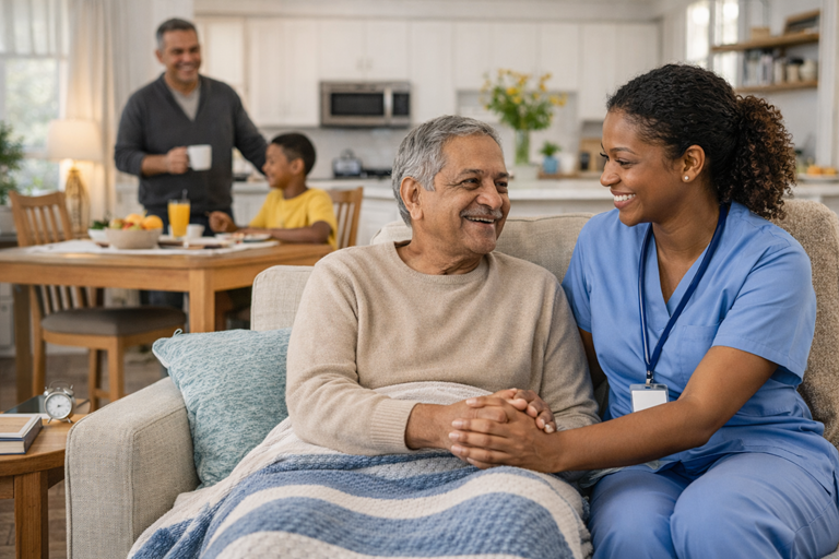 Caregiver assisting a senior with dignified personal care routines at home