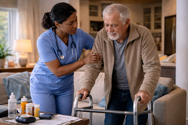 Caregiver assisting a senior after hospital discharge at home