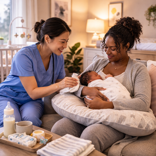 Caregiver supporting a new parent with postpartum recovery and newborn routines at home