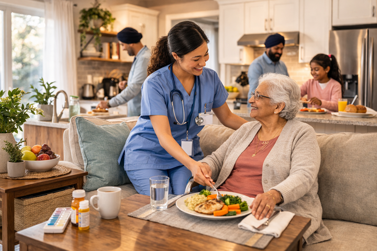 Caregiver providing comfortable, high-touch support to a senior at home