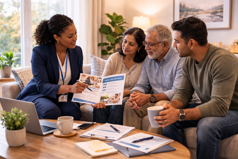 Care coordinator sharing a helpful guide with a family in Toronto