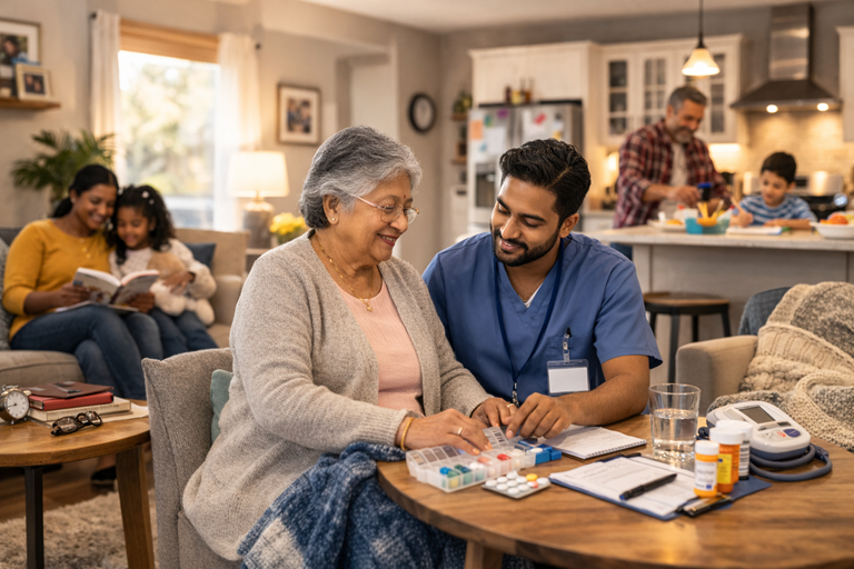 Professional caregiver supporting a senior while a family caregiver takes a break