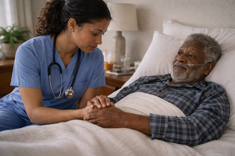 Caregiver supporting an older adult with safe daily routines at home
