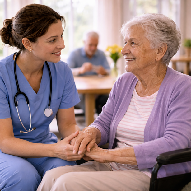 Caregiver providing one-to-one support in a long-term care setting