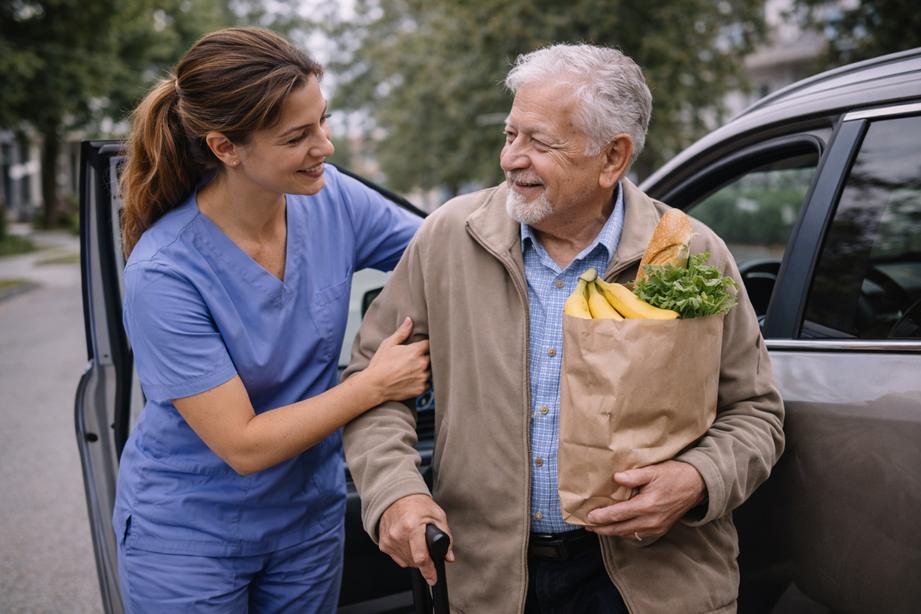 Caregiver assisting a senior with safe transportation and errands