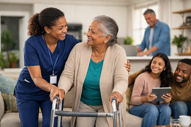 Family discussing caregiving support options at home